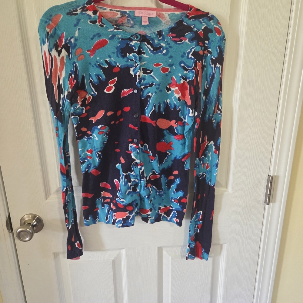 Lilly Pulitzer Multicolor Abstract Sweater Small Fish Print Button Up